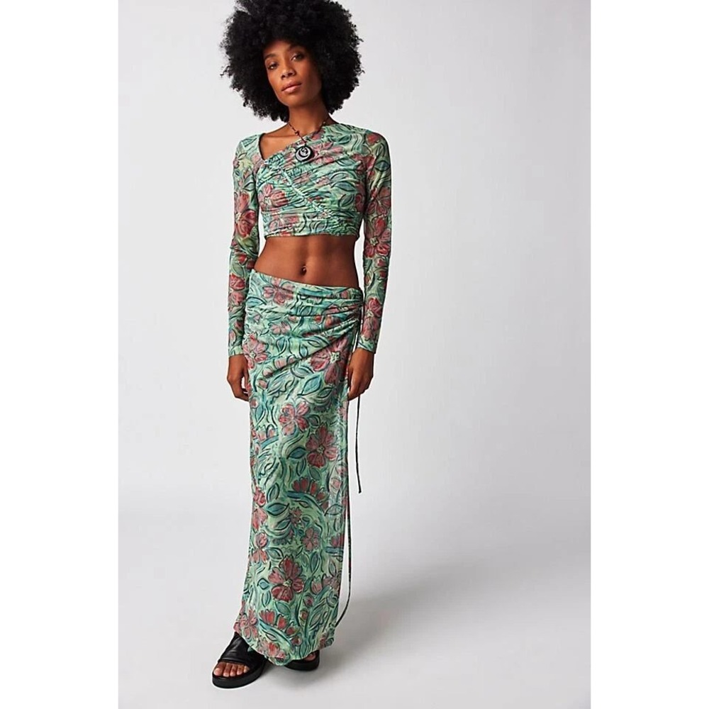 Free People Mint Green Floral Mesh Crop Top & Ruched Maxi Skirt Set